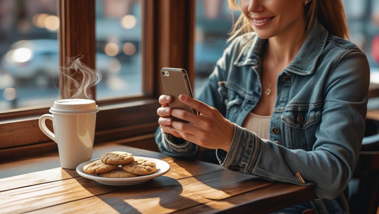 Person playing mobile word game with coffee and cookies at sunlit café.