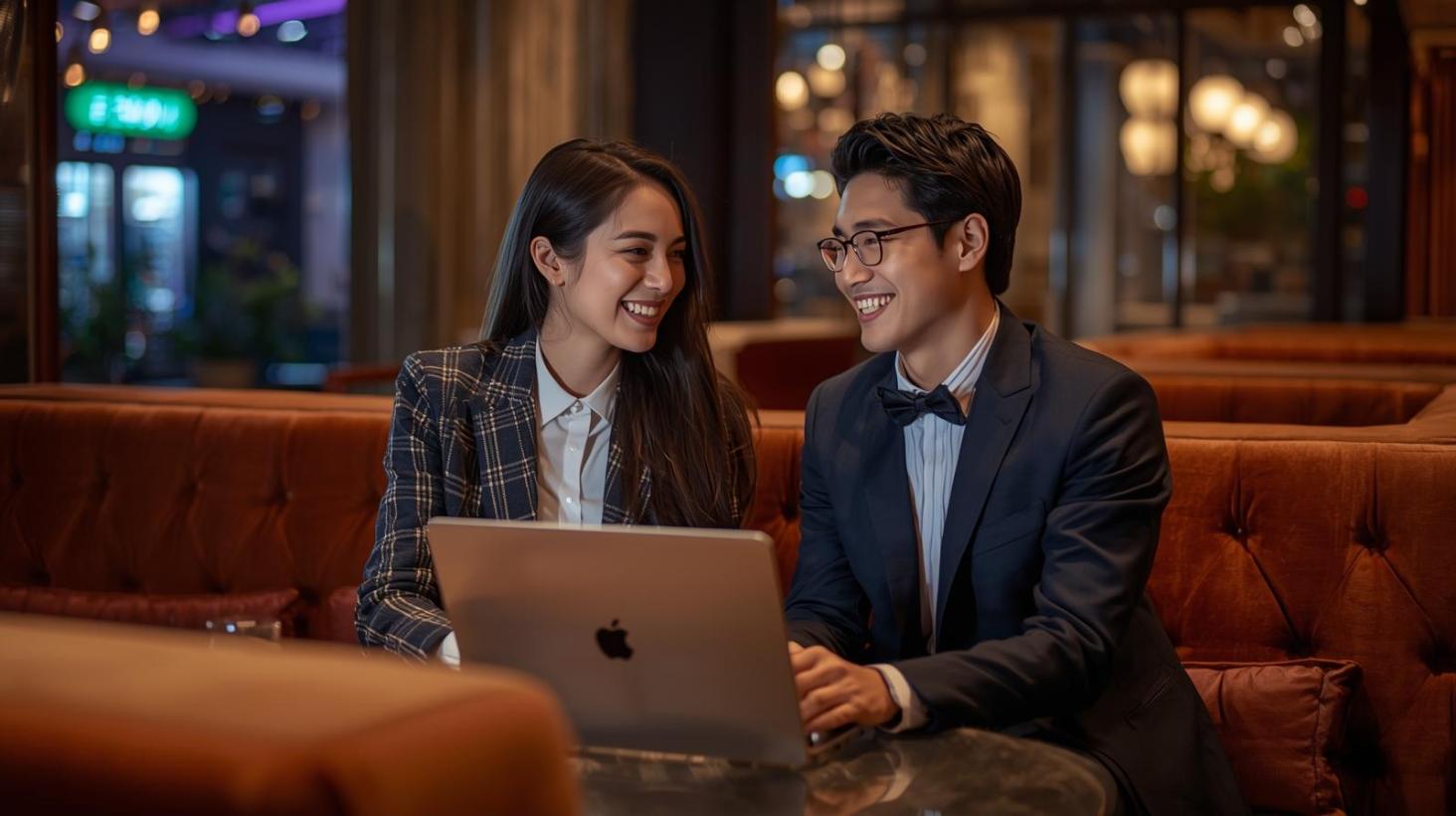 Two adults smiling in upscale lounge with blurred screen in nightlife setting.
