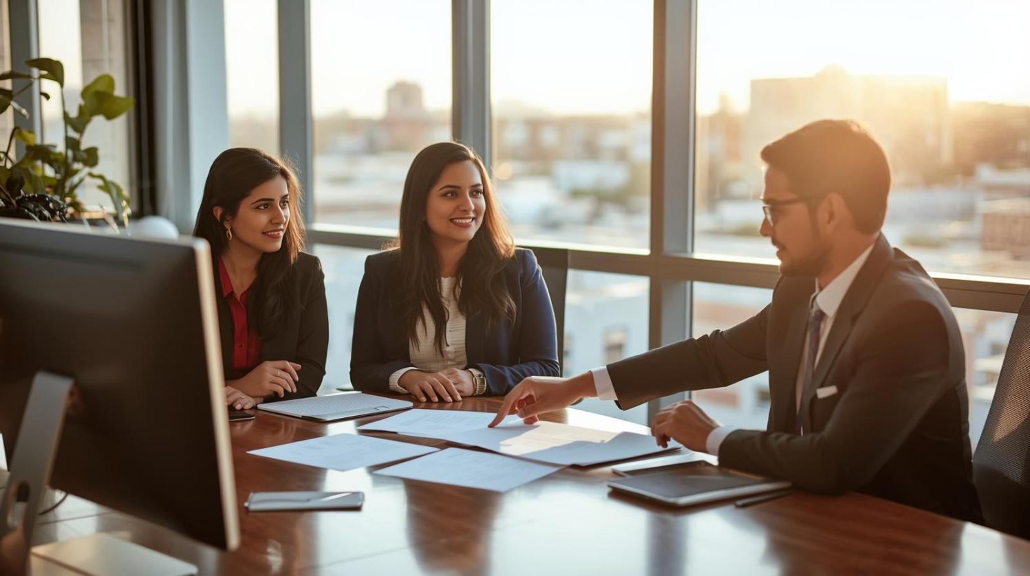 Lawyer assists two journalists reviewing residency documents inside a bright modern Texas office.