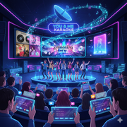 An energetic digital illustration depicting a futuristic karaoke stage with a group of diverse young adults singing under bright spotlights.